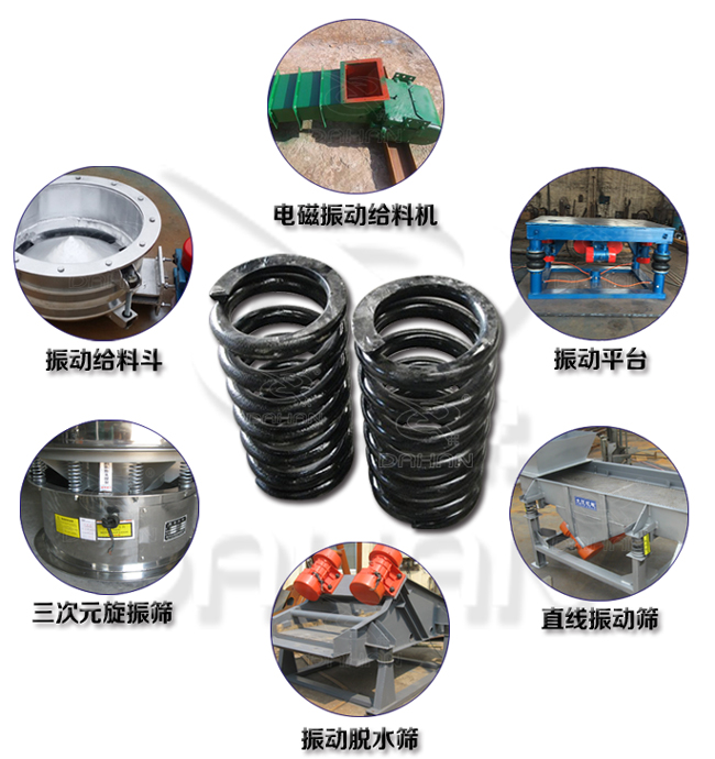 旋振篩減震彈簧適用產(chǎn)品：振動(dòng)給料機(jī)，電磁振動(dòng)給料機(jī)，振動(dòng)平臺(tái)，直線振動(dòng)篩，振動(dòng)脫水篩，三次元旋振篩。