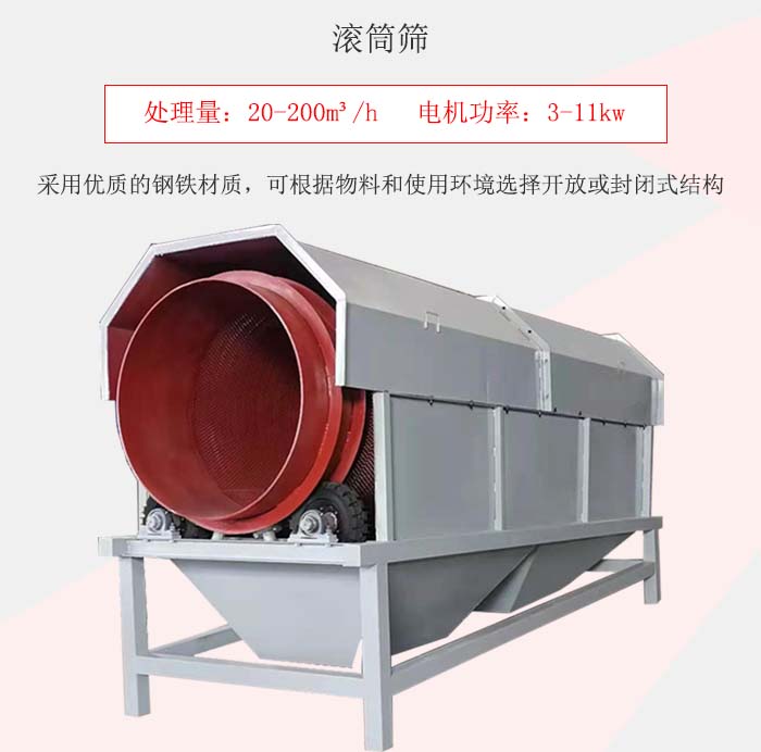 滾筒篩采用優(yōu)質(zhì)的鋼鐵材質(zhì)，可根據(jù)物料和使用環(huán)境選擇開放或封閉式結(jié)構(gòu)