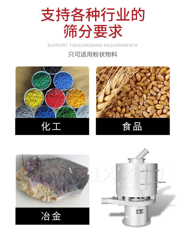 氣流篩用于礦粉，石墨粉，活性納米碳酸鈣，鋁灰，大豆粉，碳酸重鈣，石墨粉，木粉，干草，重金石粉，藥粉末，橡膠顆粒，草酸鹽，干料粉，木粉，聚酯粉，干粉，塑料，金屬粉末，橡膠粉，粉煤灰，石墨粉，陶瓷粉，鋅粉，石英粉，石灰粉，鐵粉，金屬硅粉等。