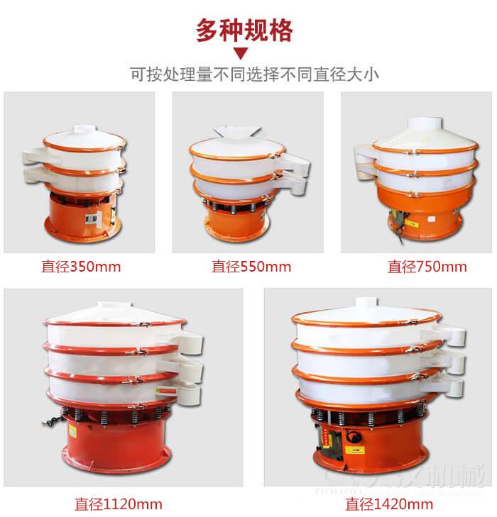 塑料振動篩不同篩分直徑進(jìn)行展示：350，550，750，1120，1420等。