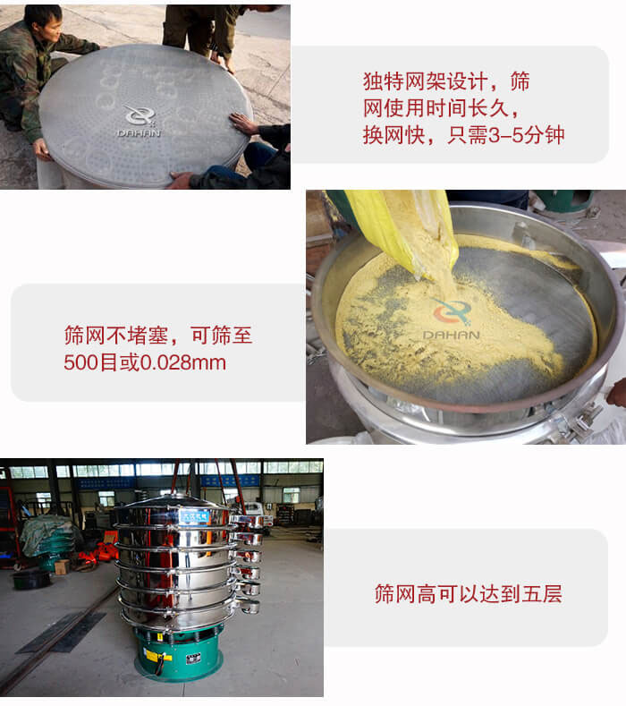 三次元振動(dòng)篩的特點(diǎn)：篩網(wǎng)使用時(shí)間長換讓時(shí)間短，篩網(wǎng)不堵塞，可篩至500目或0.028mm。