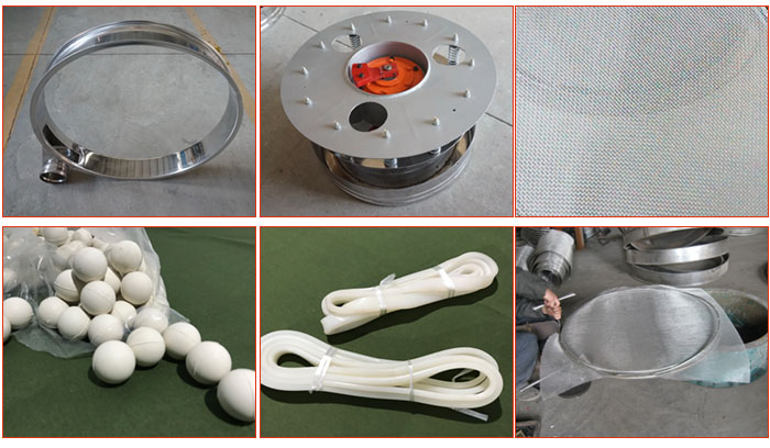 800型全不銹鋼振動(dòng)篩配件有：振動(dòng)篩篩框，電機(jī)，不銹鋼篩網(wǎng)等。