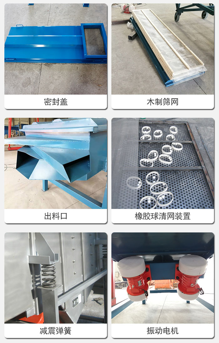 直線篩結(jié)構(gòu)展示：篩網(wǎng)，篩箱，振動(dòng)電機(jī)，振動(dòng)電機(jī)座，減震彈簧，支架等部件展示圖