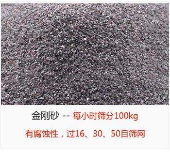 篩分金剛砂每小時(shí)100kg，有腐蝕性，過16、30、50目篩網(wǎng)