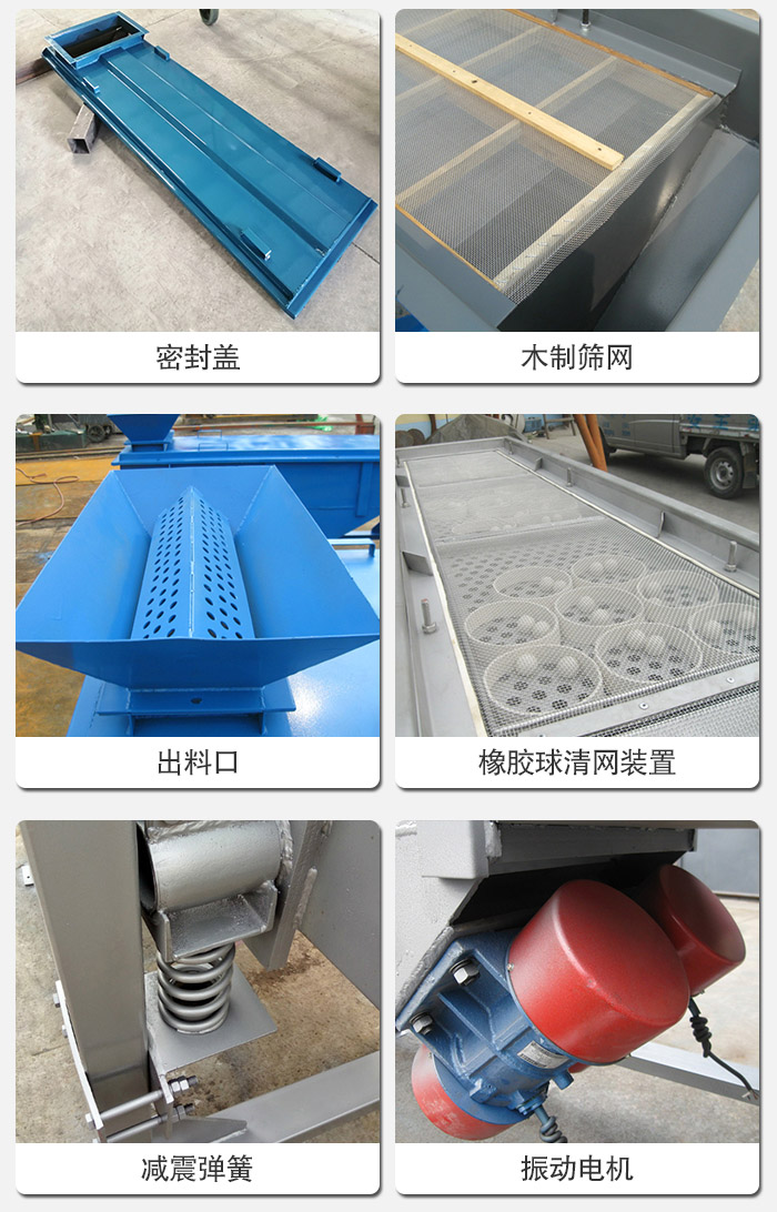 直線篩分機(jī)的結(jié)構(gòu)展示圖：篩箱是物料主要篩分設(shè)備之一，篩網(wǎng)用于篩分物料，振動電機(jī)幫助篩網(wǎng)篩分。