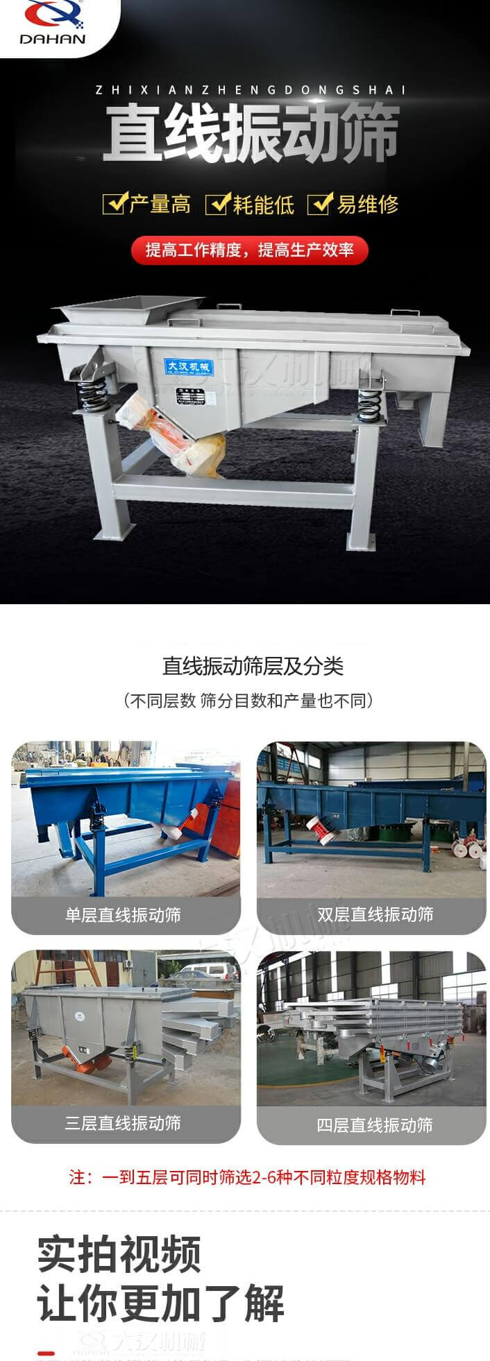 直線振動(dòng)篩概述，產(chǎn)量高，耗能低，易維修，提高工作精度，提高生產(chǎn)效率，直線振動(dòng)篩層級(jí)分類：不同層數(shù)，篩分目數(shù)和產(chǎn)量也不同：?jiǎn)螌?，雙層，三層，四層等。