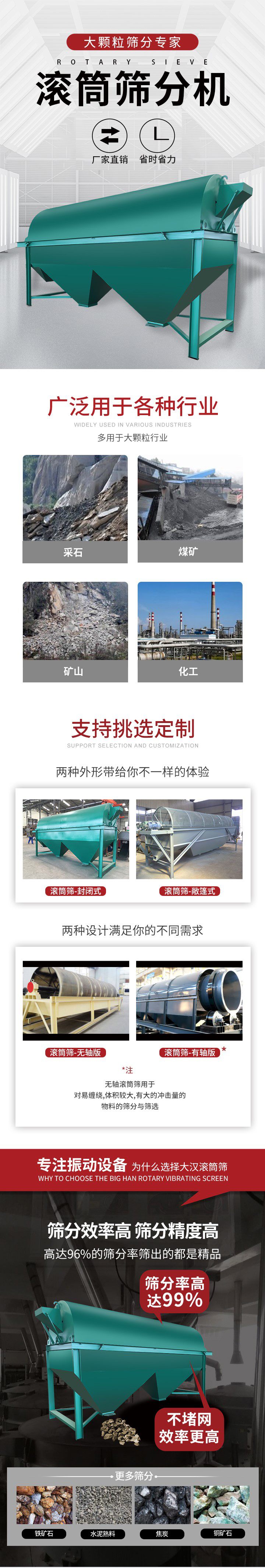 滾筒篩分機(jī)大顆粒篩分專家：廠家直銷，省時(shí)省力。滾筒篩被廣泛應(yīng)用各種行業(yè)：多用于大顆粒行業(yè)例如：采石，煤礦，礦山，化工等。滾筒篩定制類型有哪些：封閉式與敞篷式產(chǎn)品結(jié)構(gòu)分為：無軸式，有軸式兩種，無軸滾筒篩用于對(duì)纏繞，體積較大，有大的沖擊量的物料的篩分與篩選。滾筒篩篩分效率高篩分精度能夠達(dá)到：96%也比較適用于鐵礦石，水泥熟料，焦炭，銅礦石。滾筒篩特點(diǎn)：不飛粉末：密封隔離罩，密封性好，工作過程不會(huì)出現(xiàn)飛粉現(xiàn)象。外型尺寸是按筒體長計(jì)