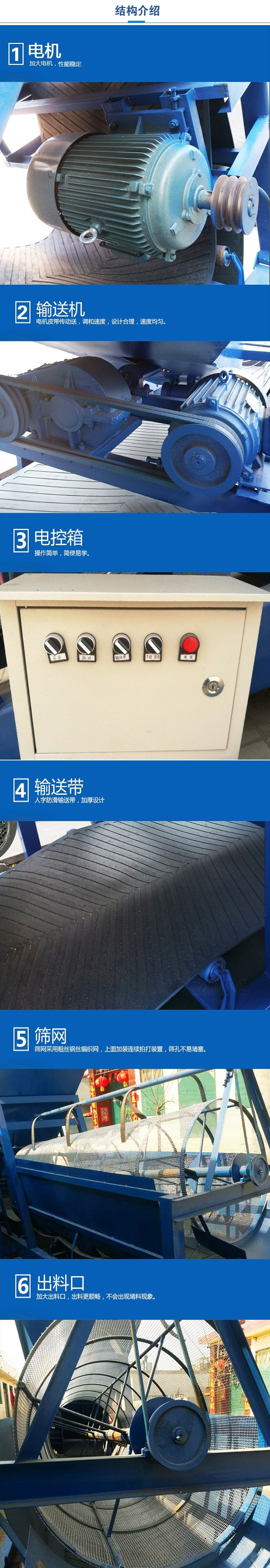 移動(dòng)篩沙機(jī)結(jié)構(gòu):電機(jī)，加大電機(jī)，性能相對(duì)比較穩(wěn)定。輸送機(jī)：電機(jī)皮帶傳動(dòng)送，調(diào)和速度，設(shè)計(jì)合理，速度均勻。電控箱：操作簡單，簡便易學(xué)。輸送帶：人字防滑輸送帶，加厚設(shè)計(jì)。篩網(wǎng)，采用粗絲鋼絲編織而成的篩網(wǎng)，上面加裝連續(xù)拍打裝置，篩孔不易堵塞。出料口：加大出料口，出料更順暢，不會(huì)出現(xiàn)堵料現(xiàn)象。