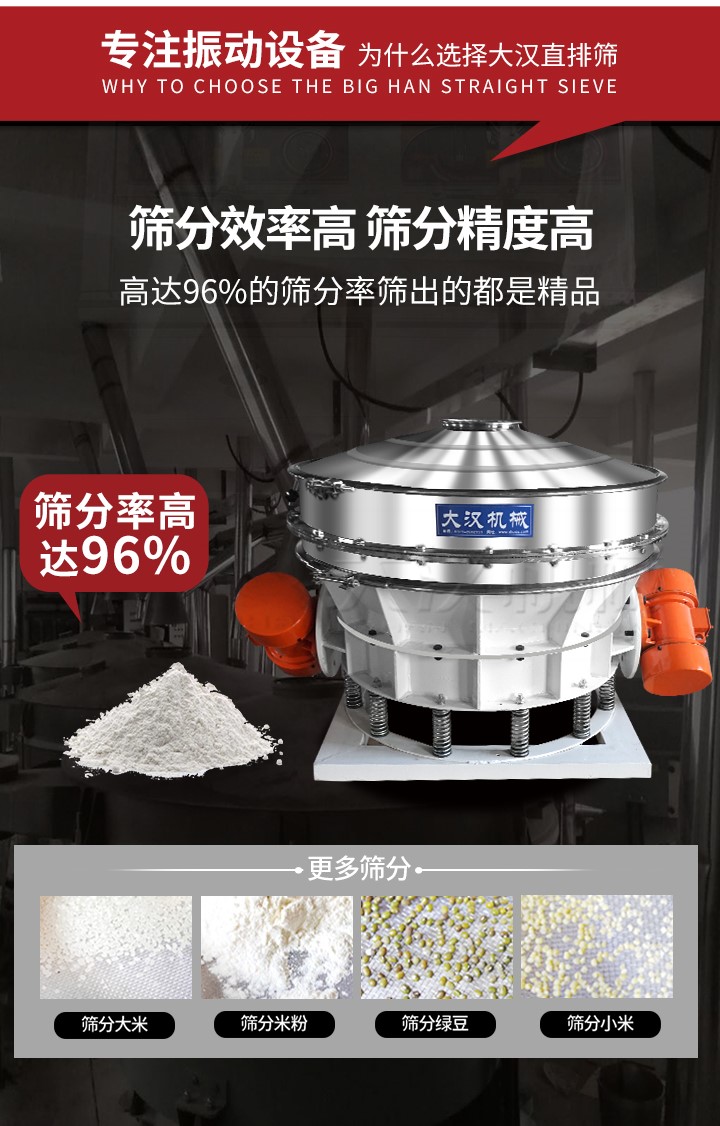 直排篩適用物料有面粉，淀粉，洗衣粉，金屬粉，添加劑，化工，非礦等行業(yè)。