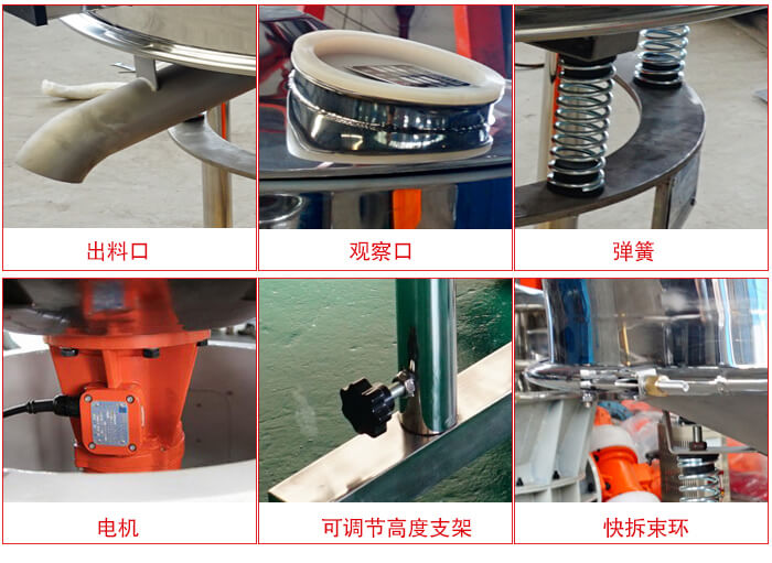 高頻篩細(xì)節(jié)展示：出料口，觀察口，彈簧，電機(jī)，可調(diào)節(jié)高度支架，快拆束環(huán)。